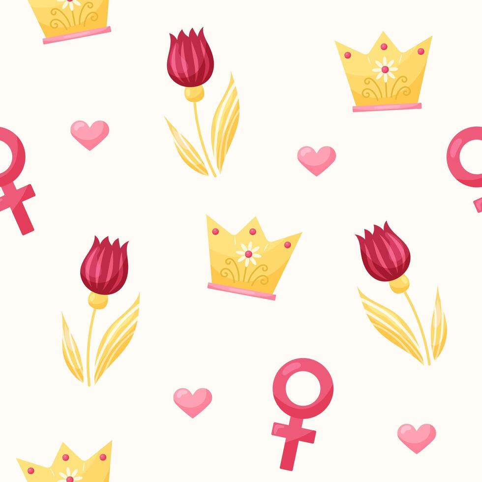 Seamless pattern with crown and tulip on beige background. March 8 Women's Day. illustration. vector