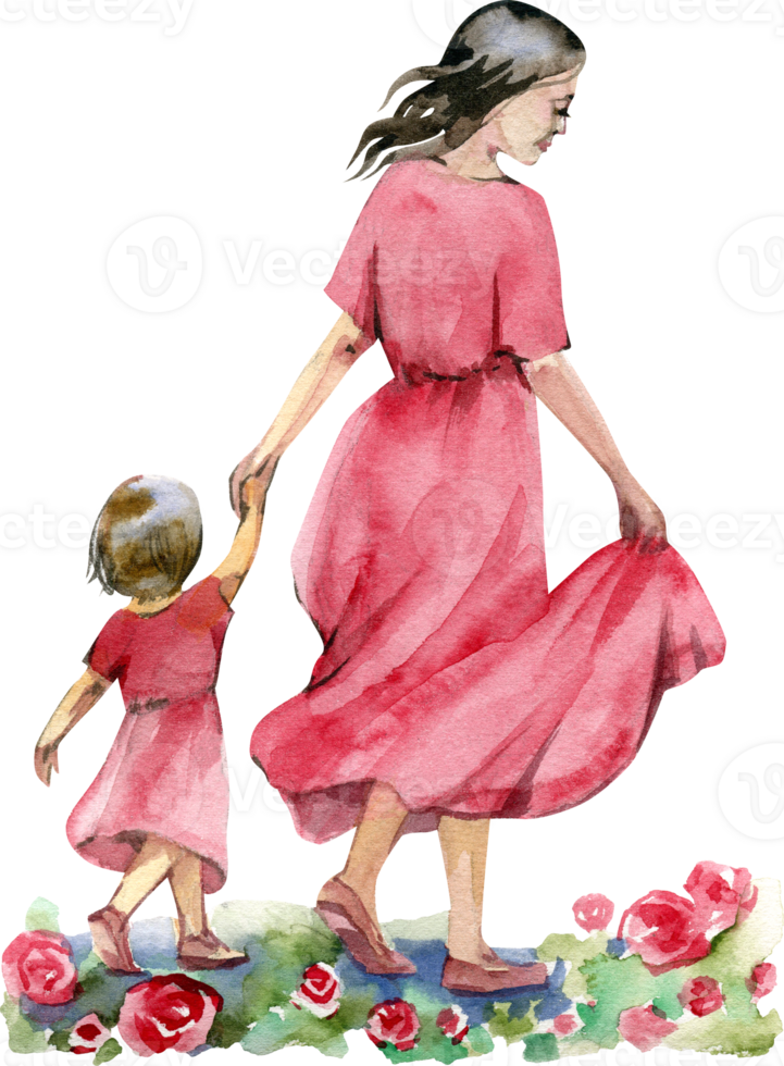 Mother and daughter holding hands. Watercolor illustration, Mother's Day png