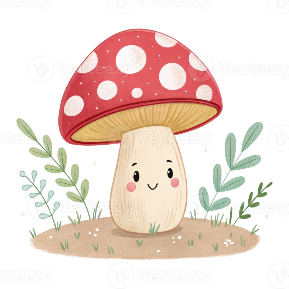 Cute Mushroom Character Illustration, Kawaii Toadstool Drawing png