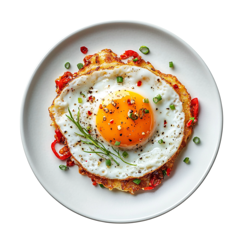 fried egg on top of pancakes with peppers and onions png