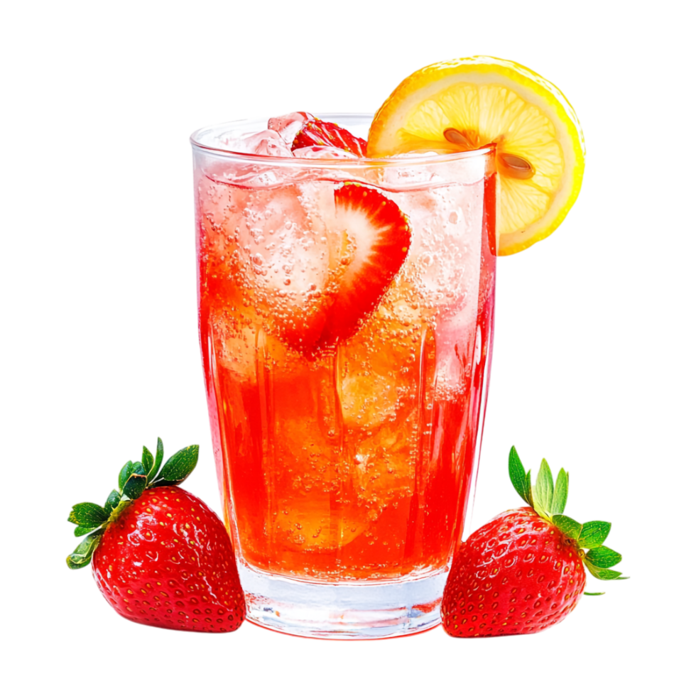 a glass of strawberry lemonade with a lemon wedge png