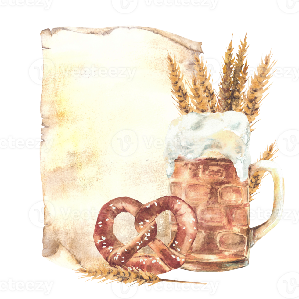 Mug of Beer with pretzel and spike malt against a piece of paper, menu. Pint of drinks and Germany bretzel. Watercolor hand drawn isolated illustration. Traditional Bavarian food, drink at Oktoberfest png