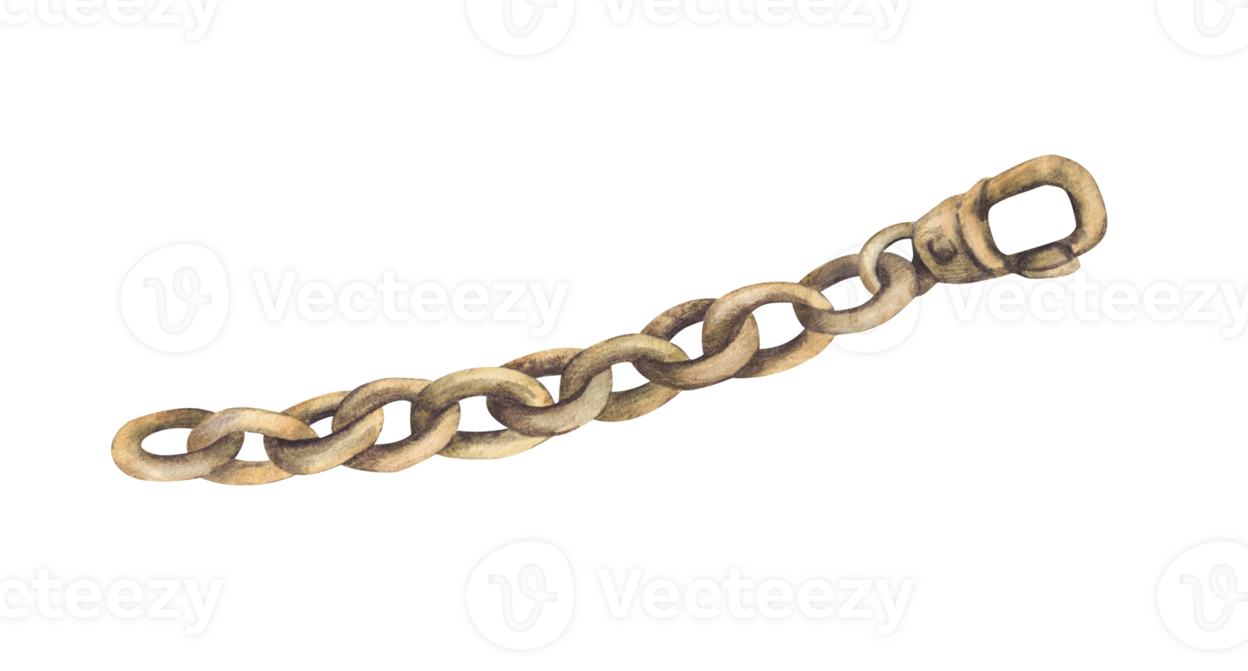 Piece of bronze chain with clasp, carabiner. Bronze, aged gold clothing accessory with latch. Element of mens Bavarian Germany costume Realistic watercolor hand painted object isolated from background png
