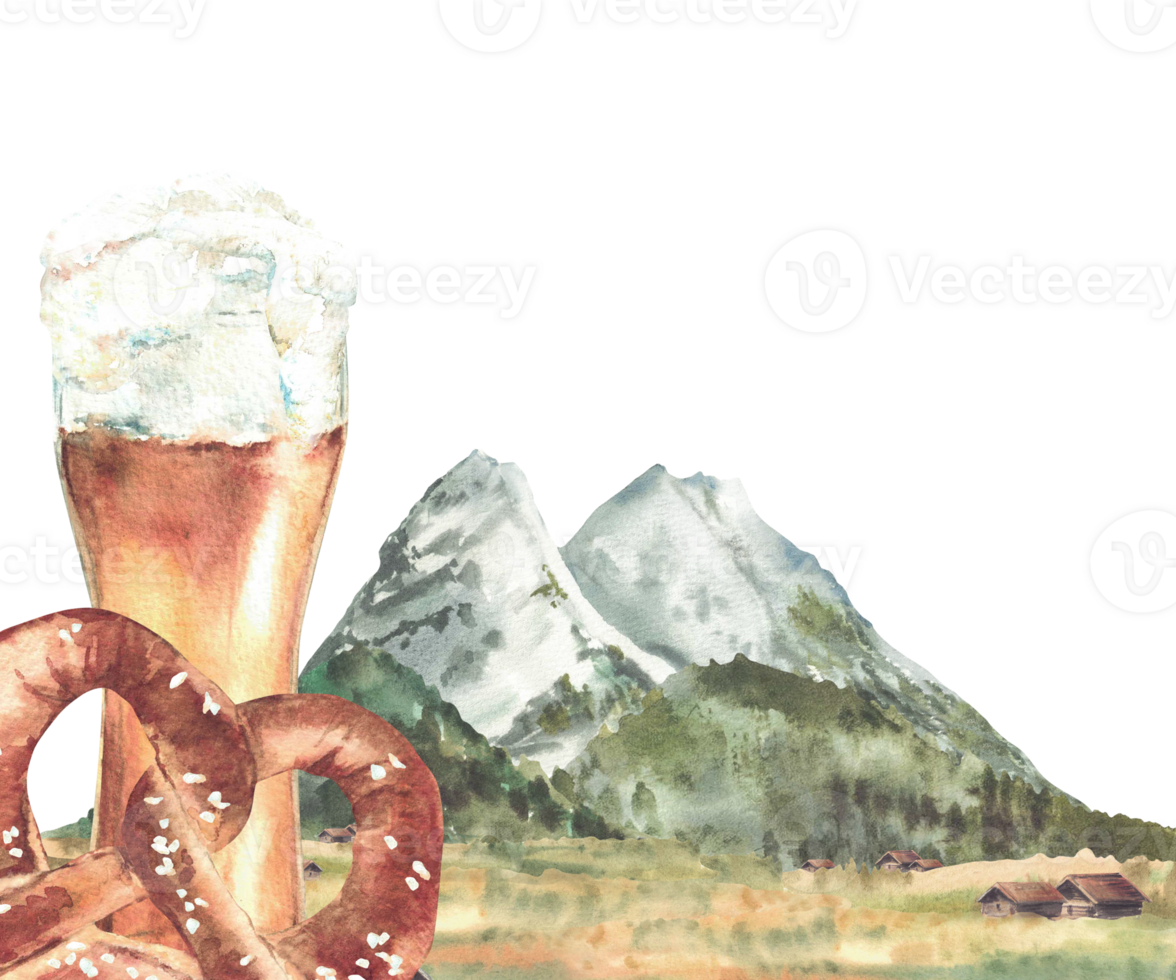 Glass of Beer with pretzel against the background of Bavarian Zugspitze. Alpine mountains landscape. Watercolor German traditional landmark. Oktoberfest drink and snack. Painted isolated illustration png