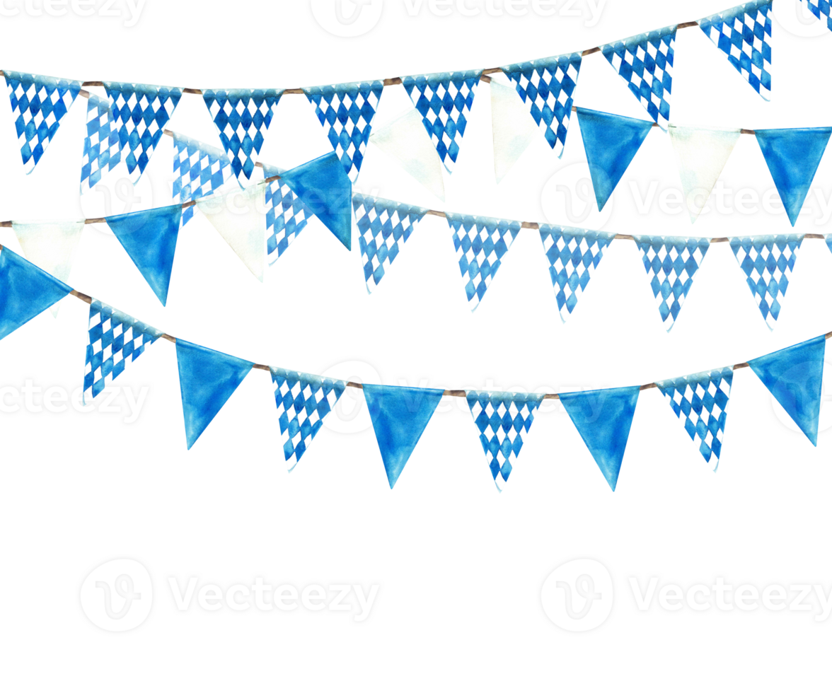 Garland with blue, rhombus and white flags hanging on rope rectangular banner. Watercolor Triangular pennant on Oktoberfest Bavarian Germany beer festival. Hand drawn template isolated illustration png