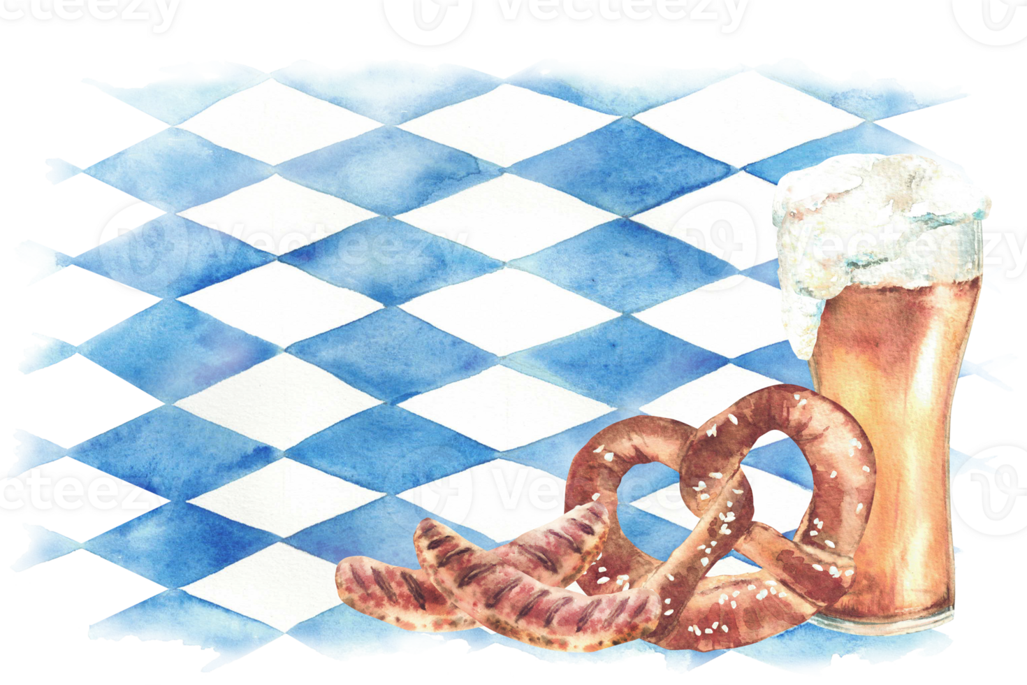 Glass of Beer with pretzel and grill sausage on background of Bavarian blue rhombuses flag. Germany Oktoberfest drink, bretzel and grilled food Watercolor hand drawn isolated banner, card illustration png