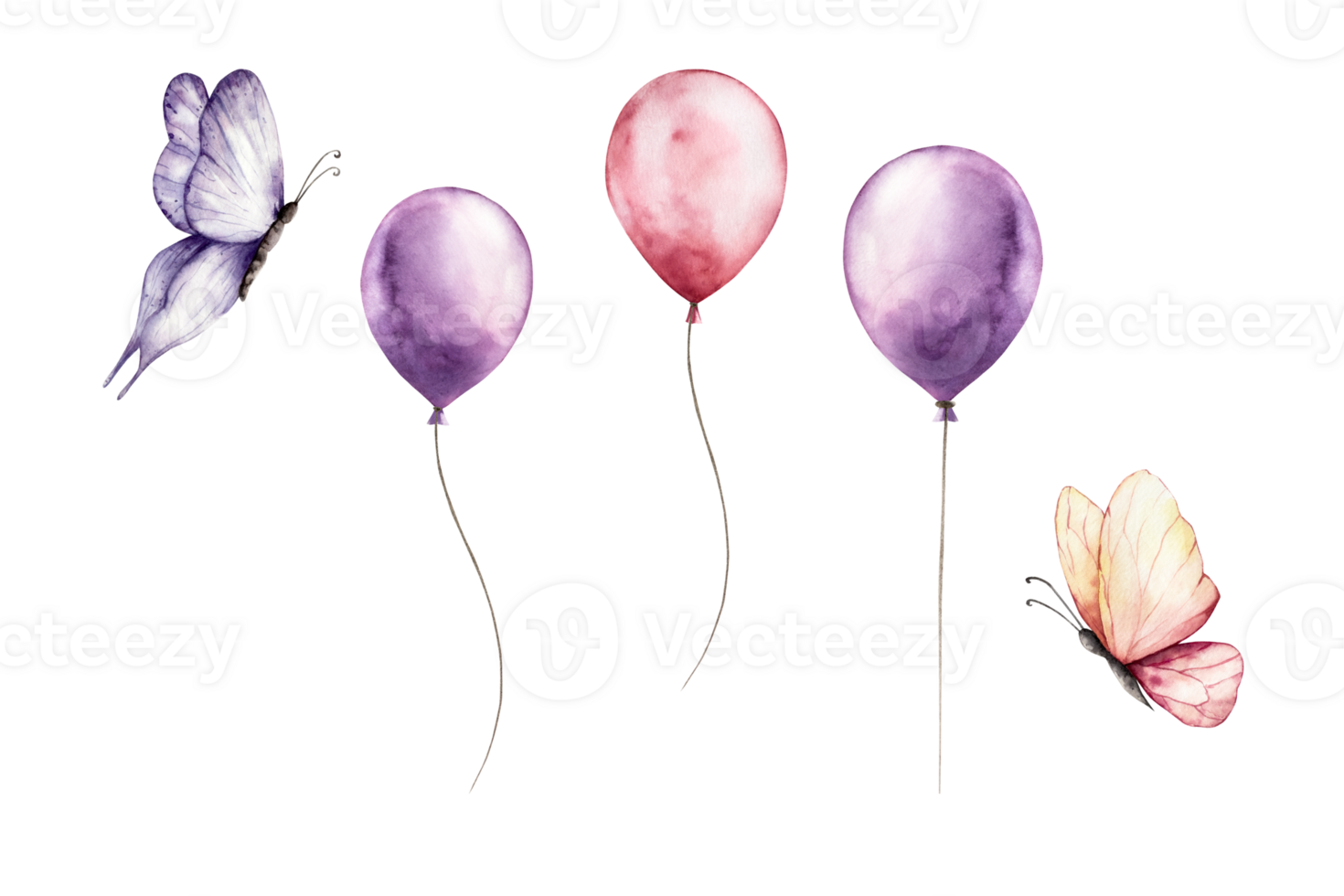 Foil red and purple balloons and butterflies. Watercolor pastel cotton candy. Hand drawn illustration isolated on background, transparent . Cartoon illustration. Baby shower design elements. Party png