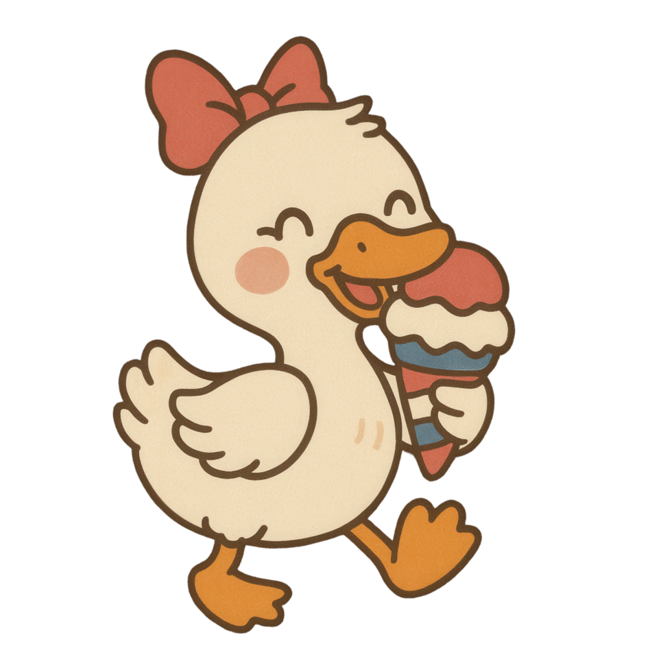 Adorable cartoon goose with a red bow holding a red, white, and blue ice cream cone. png