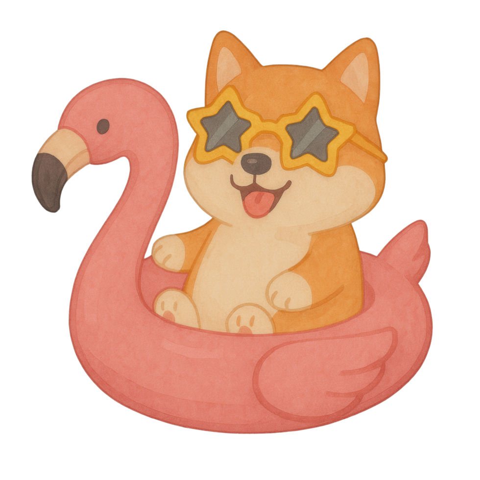 Adorable watercolor clipart of a Shiba Inu dog in a pink flamingo float, wearing star sunglasses. png