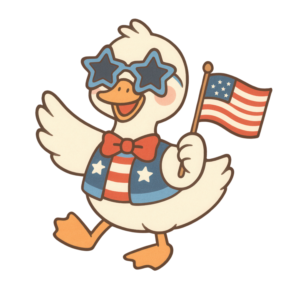 Cute silly goose with USA flag and star glasses, patriotic Fourth of July clipart, hand-drawn cartoon png