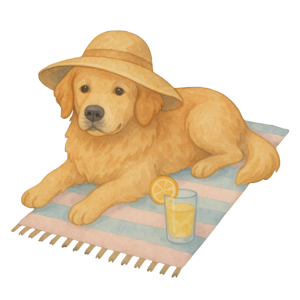 Adorable watercolor illustration of a golden retriever wearing a wide-brimmed summer hat, relaxing on a striped beach towel with a glass of lemon drink. png