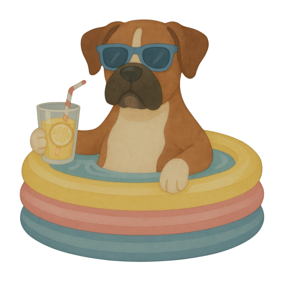 Watercolor clipart of a cool boxer dog wearing sunglasses, chilling in a colorful inflatable pool with lemonade. png