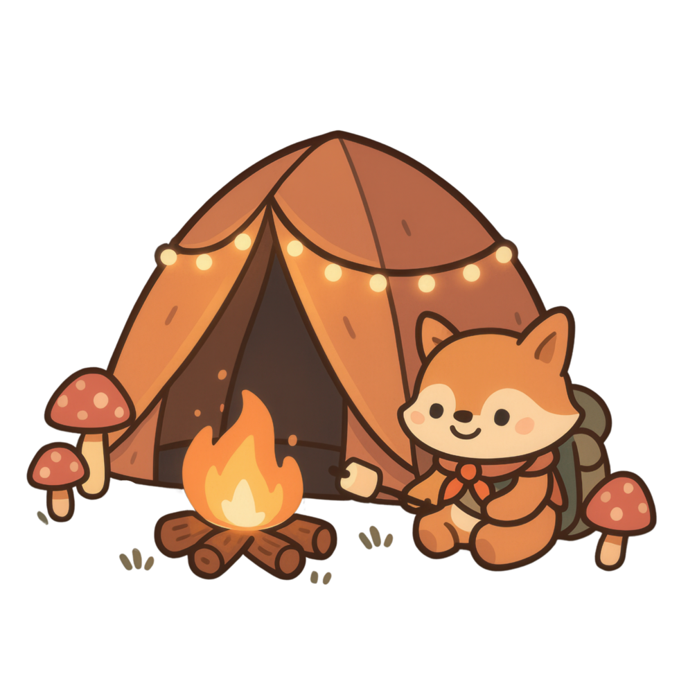 Adorable fox sitting near a cozy tent decorated with string lights, roasting marshmallows by the campfire. png