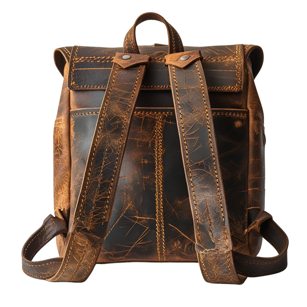 Artisanal distressed leather rucksack with reinforced stitching and weathered straps png