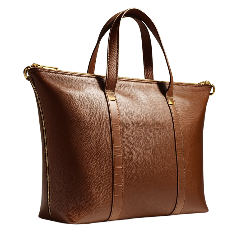 A handcrafted dark brown leather satchel with antique bronze hardware png