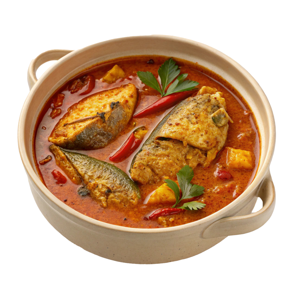a bowl of fish curry with vegetables and herbs png