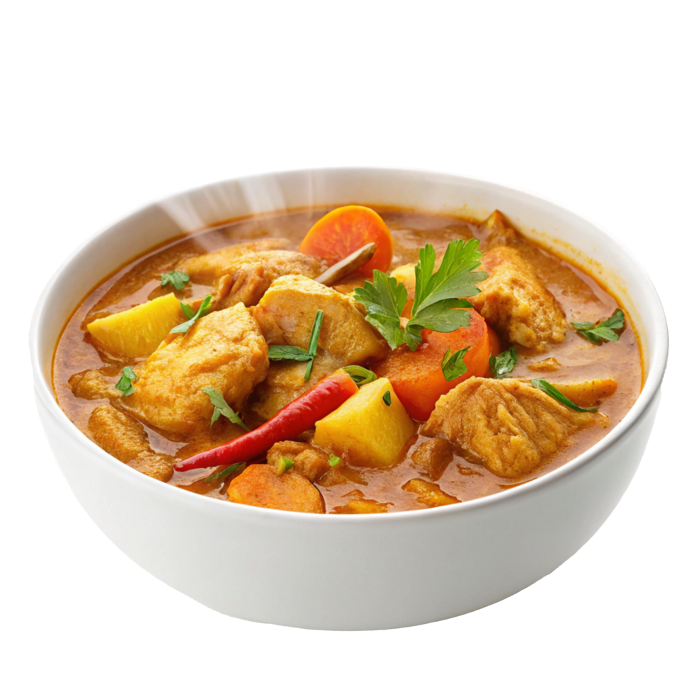 chicken curry in a bowl with vegetables and spices on a transparent background png