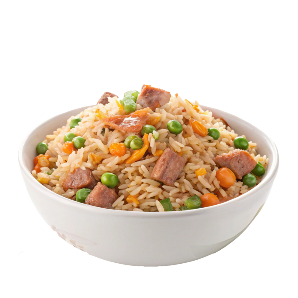chinese fried rice in a bowl with peas and carrots on a transparent background png