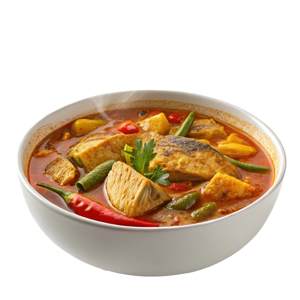 a bowl of fish curry with vegetables and spices png