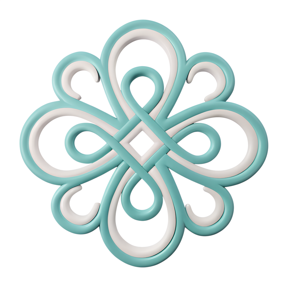 A complex Celtic knot design with intertwined blue and white elements, forming a symmetrical, floral-like pattern on a transparent background png