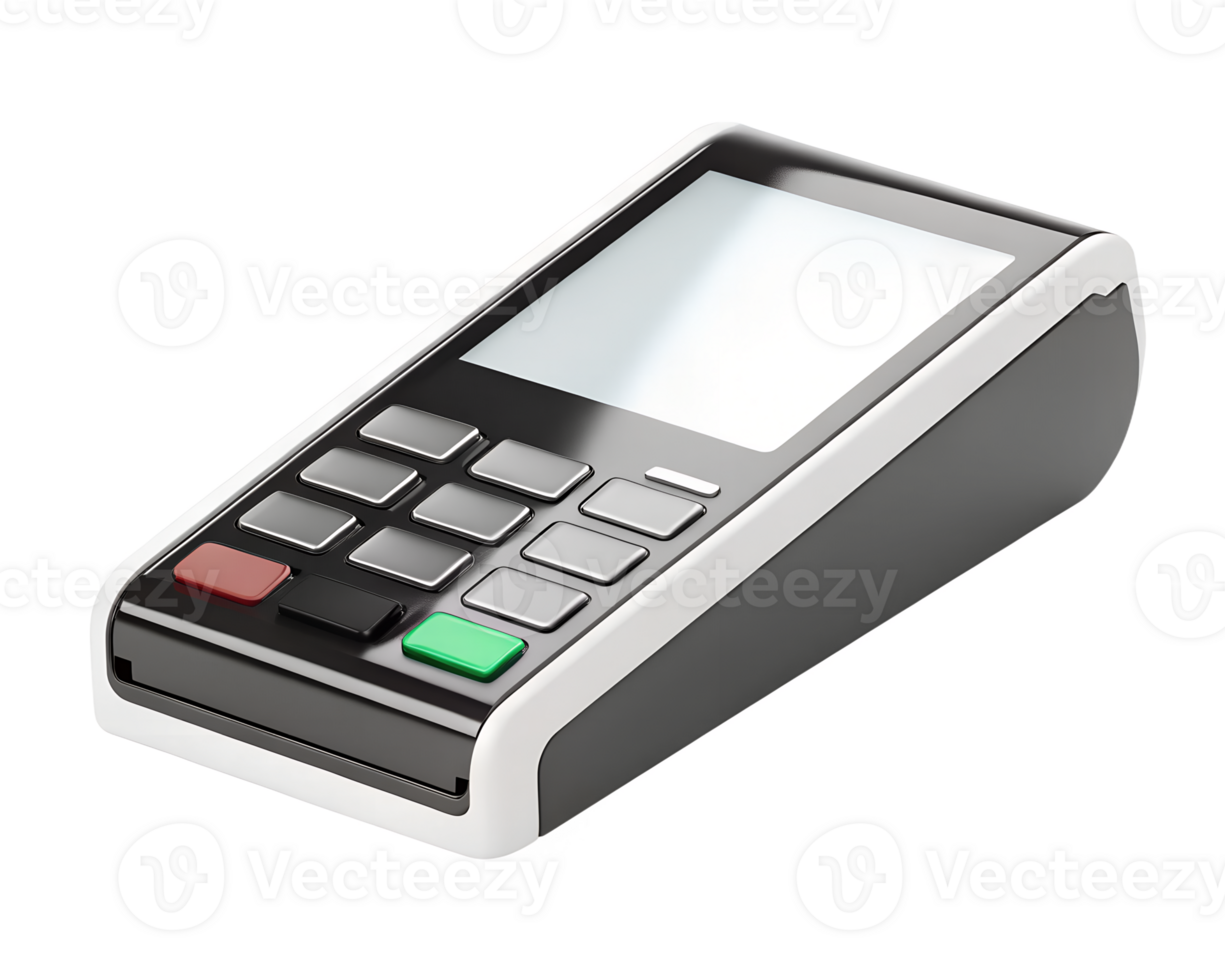 3D render style, credit card payment terminal with chip reader and digital screen, isolated png