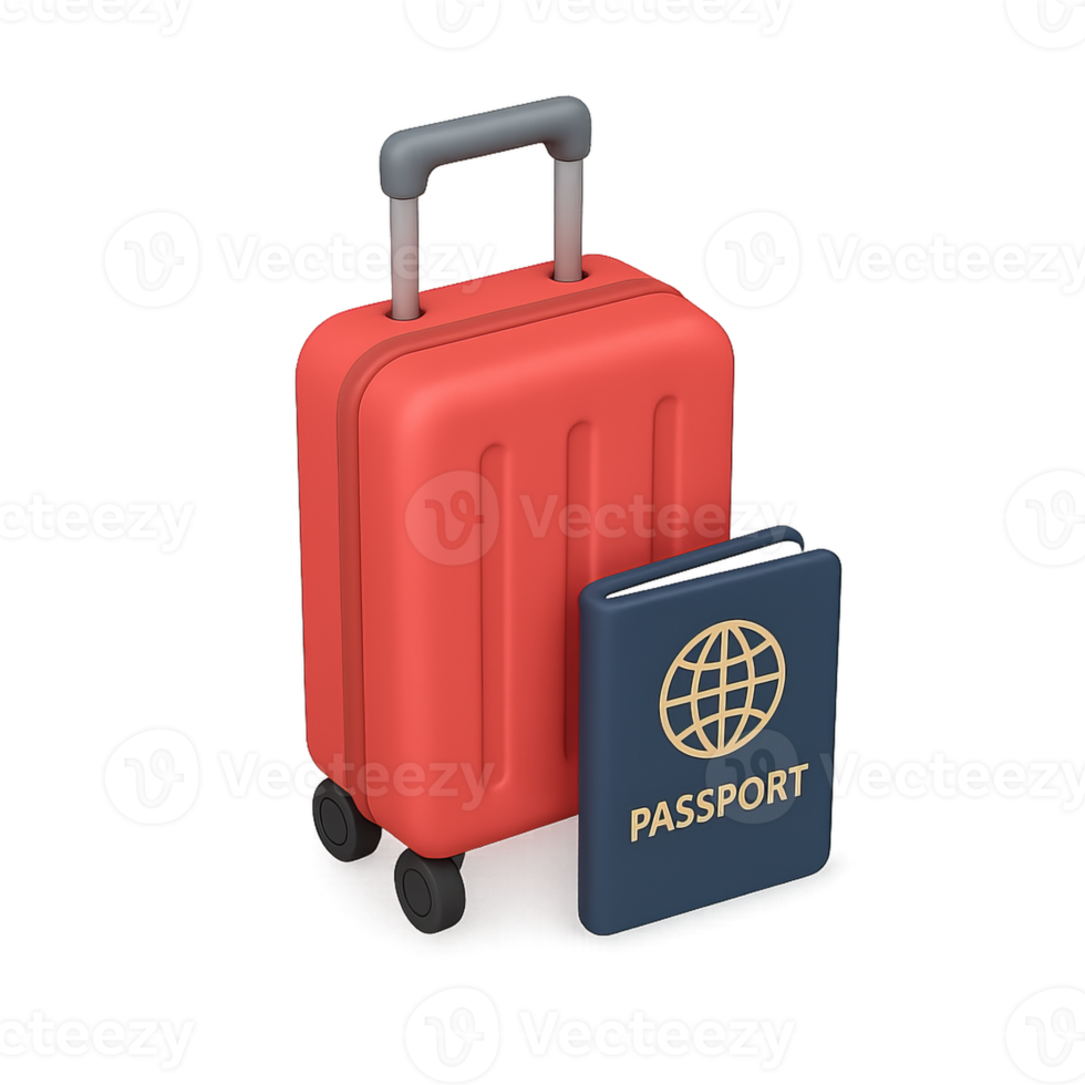3D isometric business travel concept with a red suitcase and passport, on a transparent background png