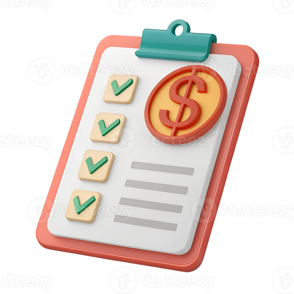 3D icon, A simple icon of a clipboard with a dollar sign on it, representing business finances, financial tracking, and expense management. png