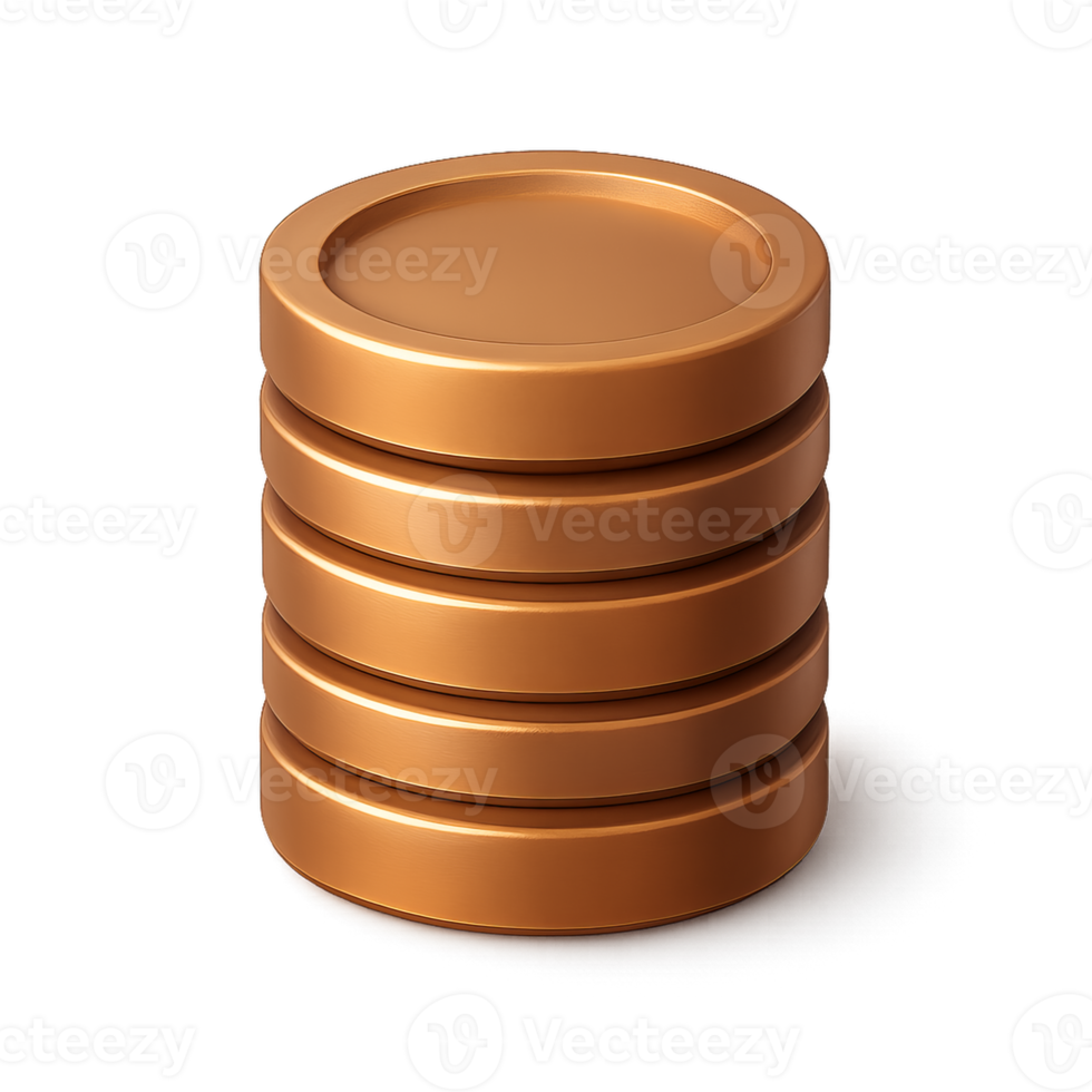 3D A stack of five bronze coins, arranged neatly on top of each other, casting a soft shadow on a transparent background png