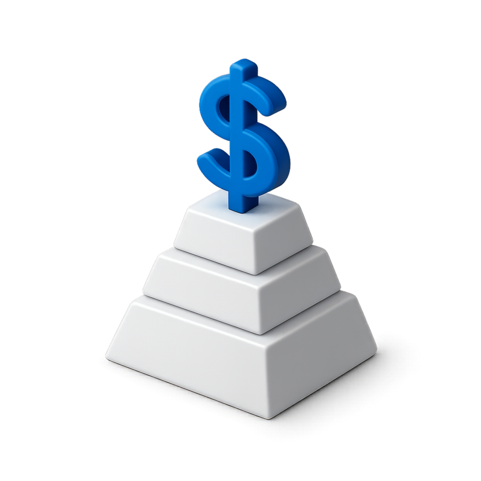 A 3D-style icon of a minimalist wealth building pyramid icon with tiered levels and dollar sign png