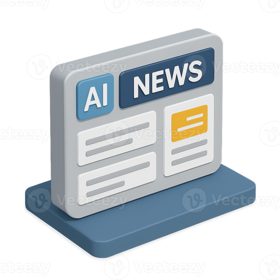 An AI news icon with a gray and blue color scheme, featuring a stylized newspaper on a blue base png