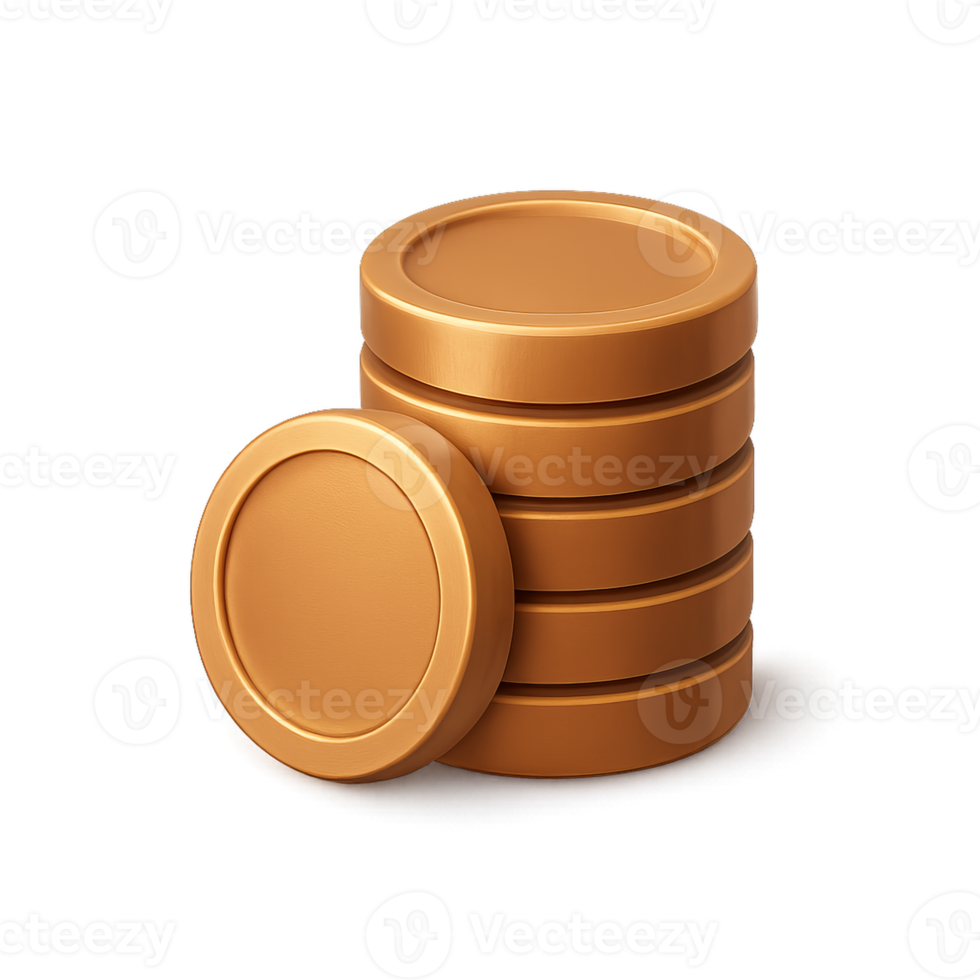 3D A stack of five golden coins, one coin is leaning on the stack, transparent background png