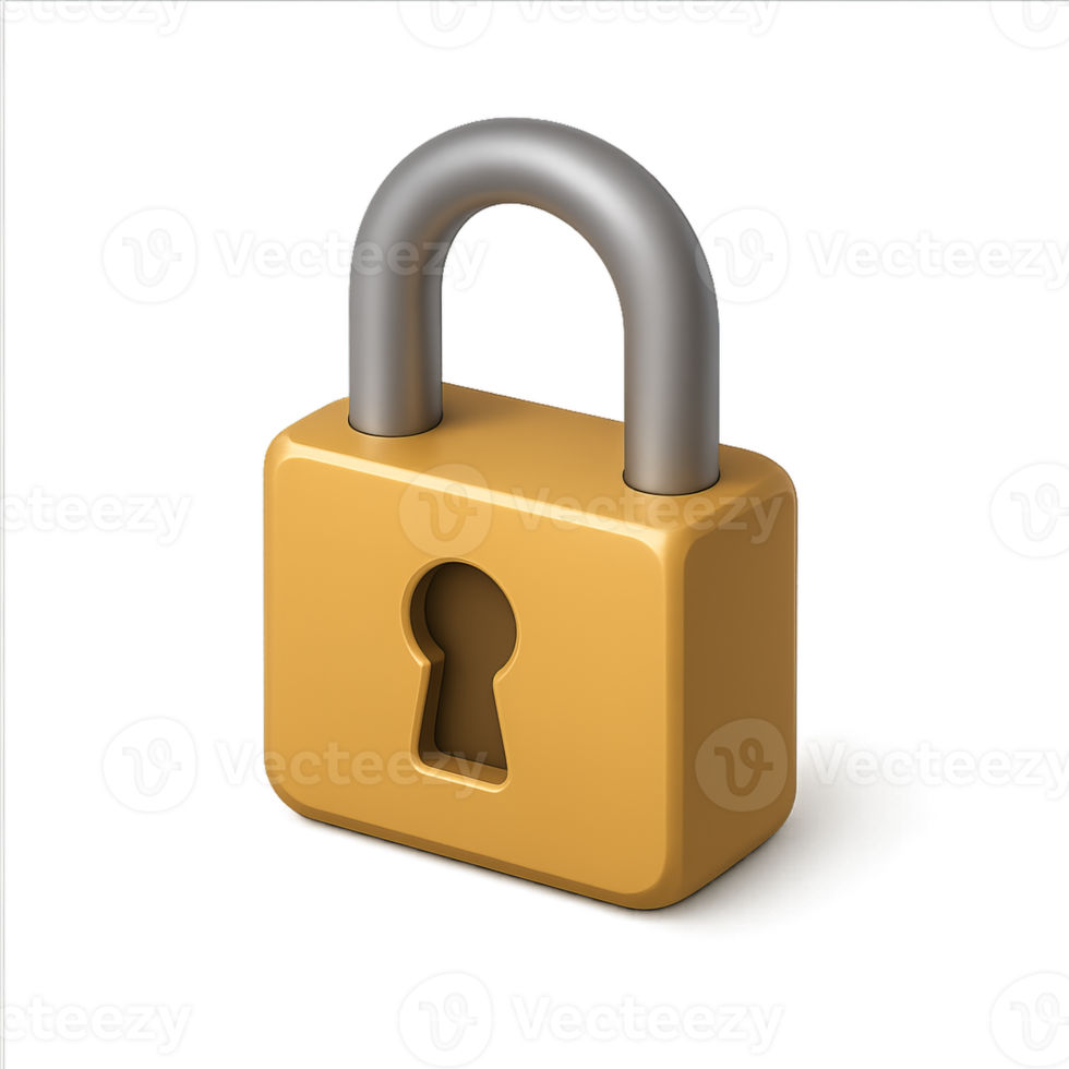 A golden padlock with a silver shackle, keyhole in the center, casting a shadow on a transparent background png