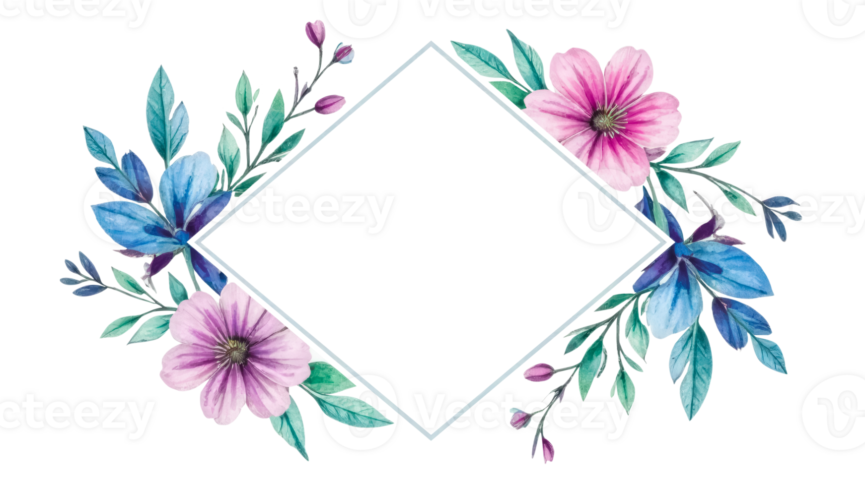 Mockup with a rhombus shaped watercolor illustration decorated with pink and blue flowers, green leaves on transparent background png