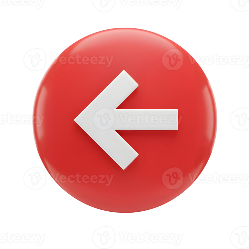3d rendered red button with white arrow pointing left for direction guidance png