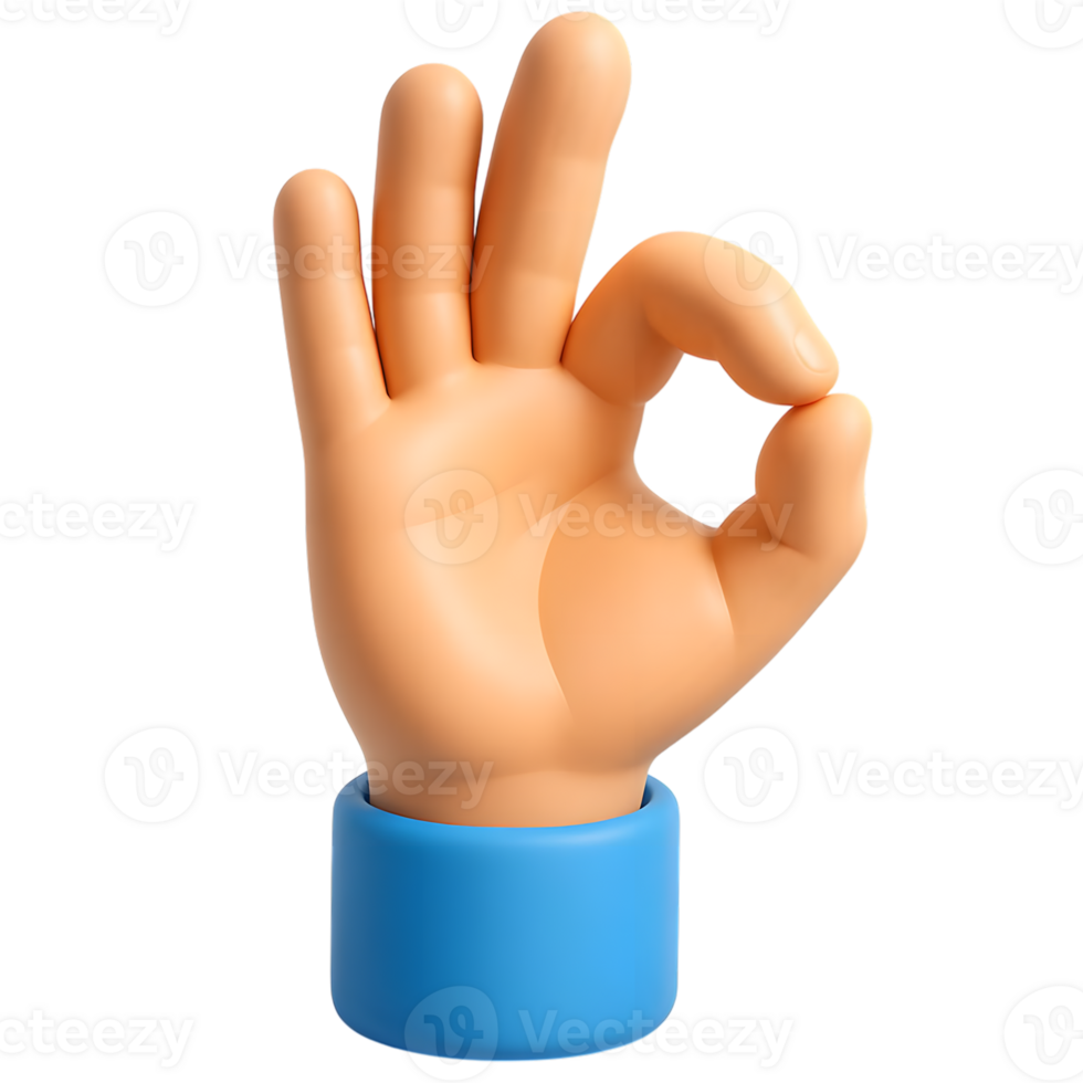 3d cartoon hand in ok gesture with blue cylinder base signifying perfect png