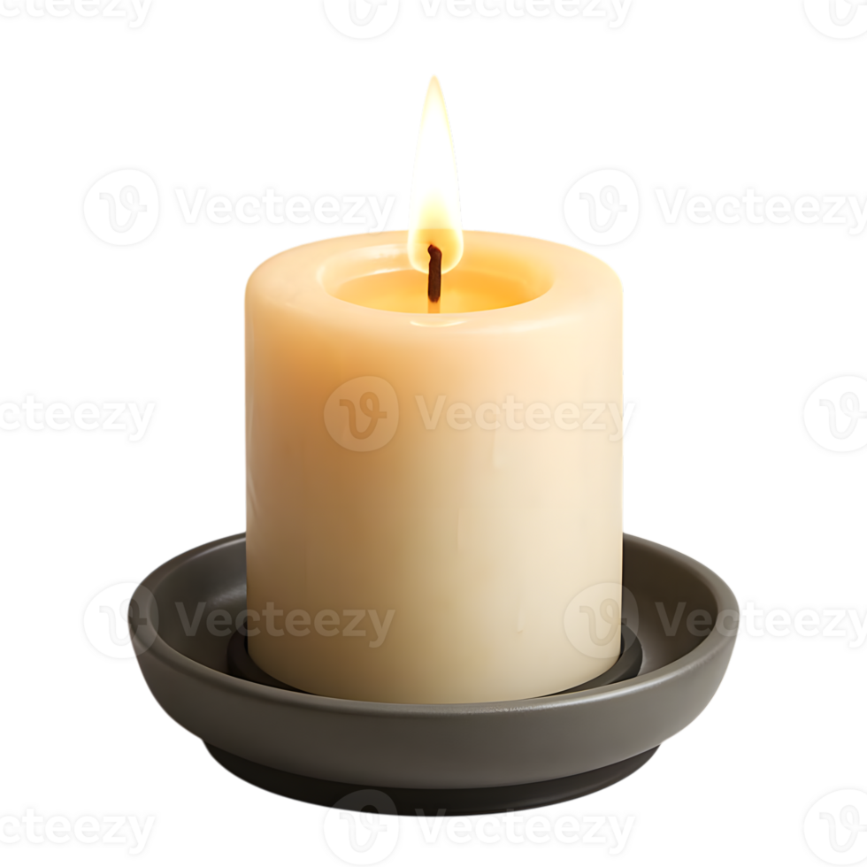 Lit pillar candle on ceramic stand with flame providing a warm cozy aesthetic png