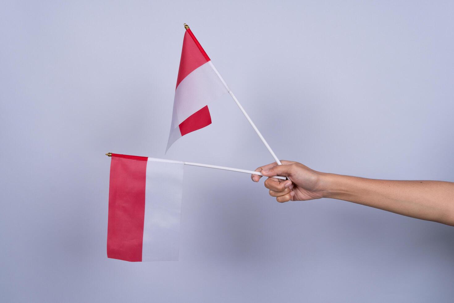Hand Holding Two Red and White Flag, Indonesian Independence Day Concept Isolated Background photo