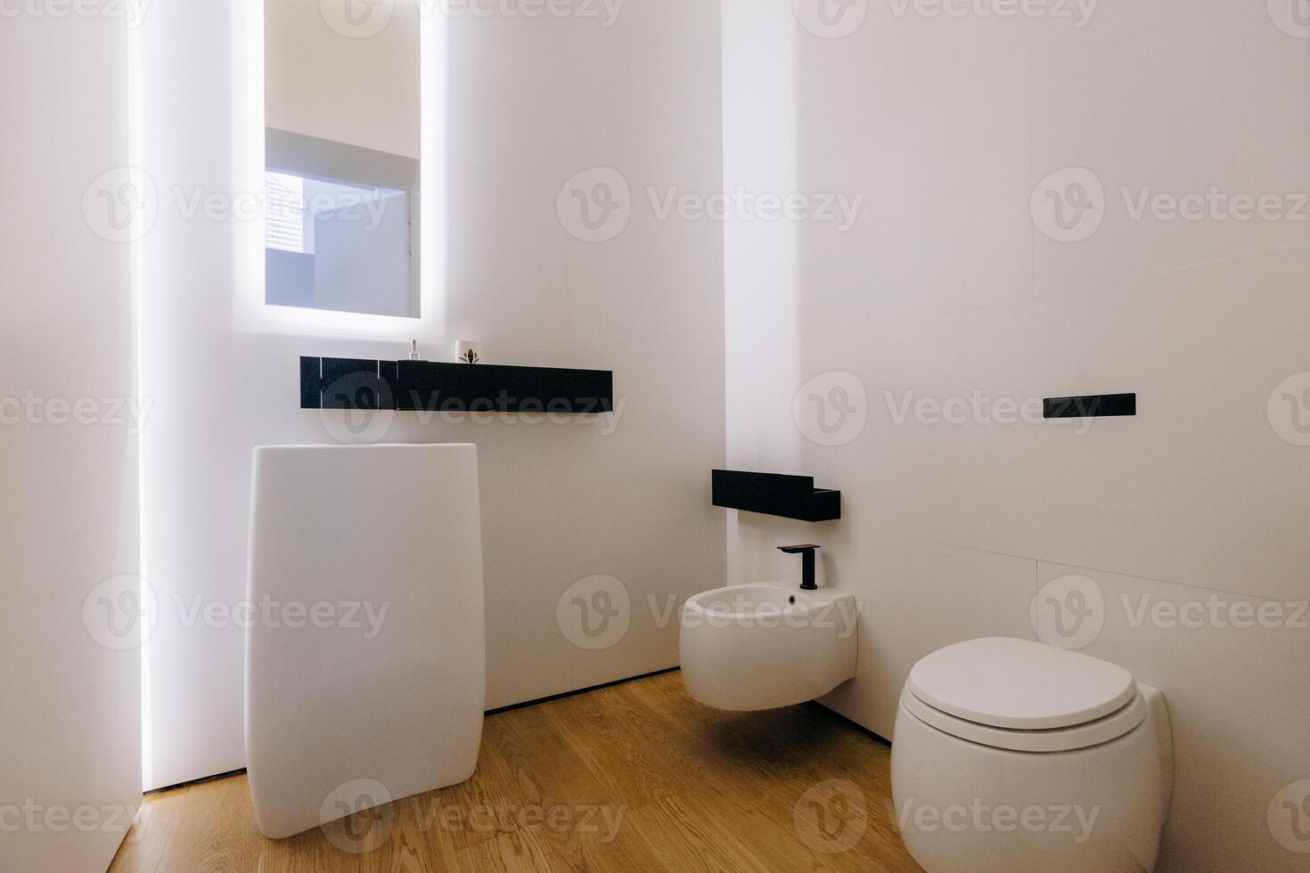 A welldesigned bathroom containing a sink, toilet, bidet, and mirror photo