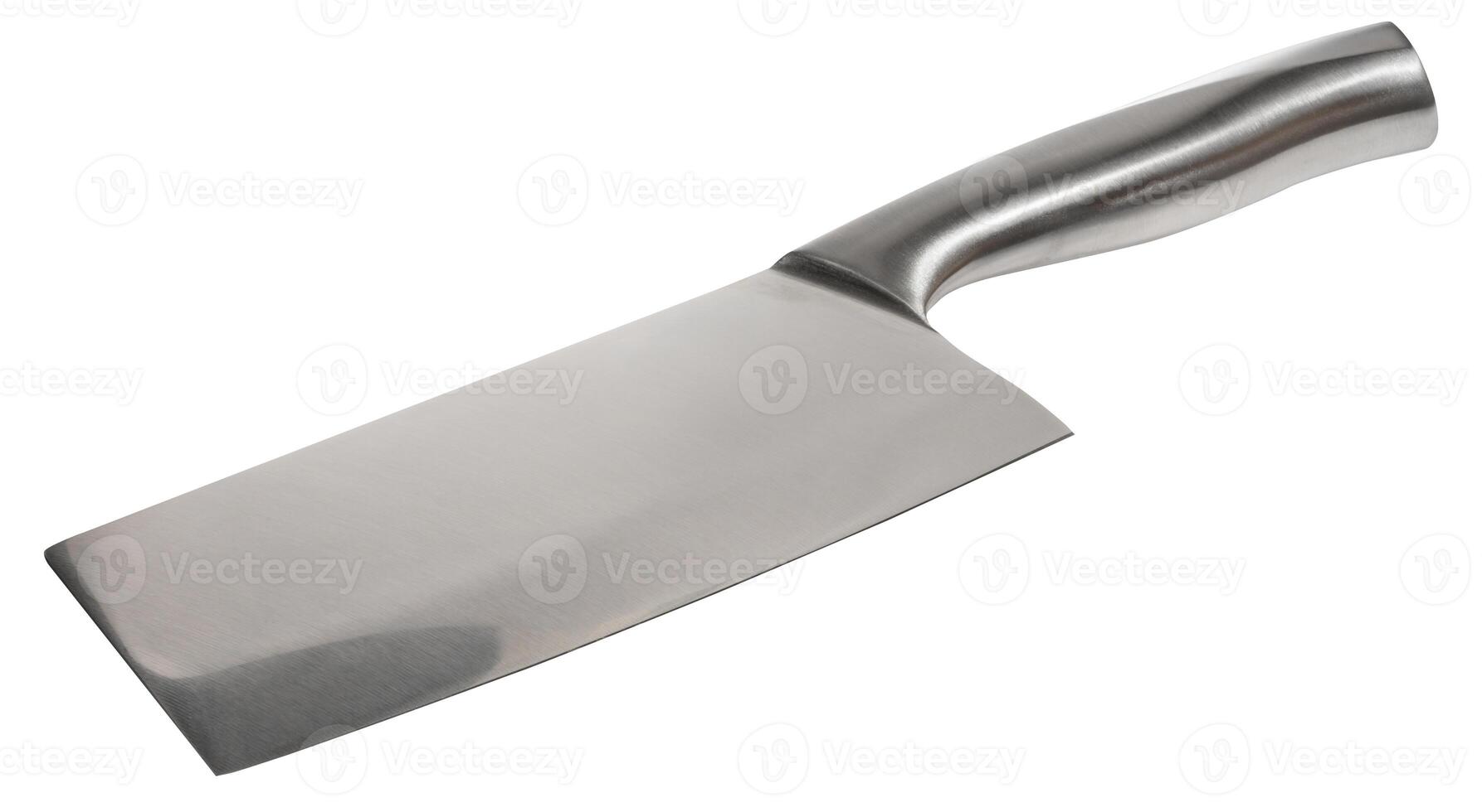 Kitchen knife cleaver with wide blade and metal handle. Close-up of knife on isolated background photo