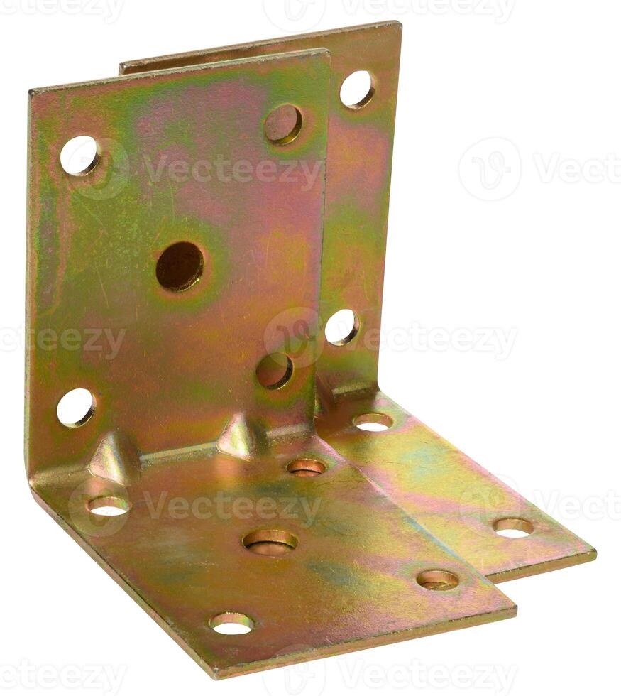 A shiny, golden colored metal corner bracket or angle brace with multiple screw holes, used for structural support photo