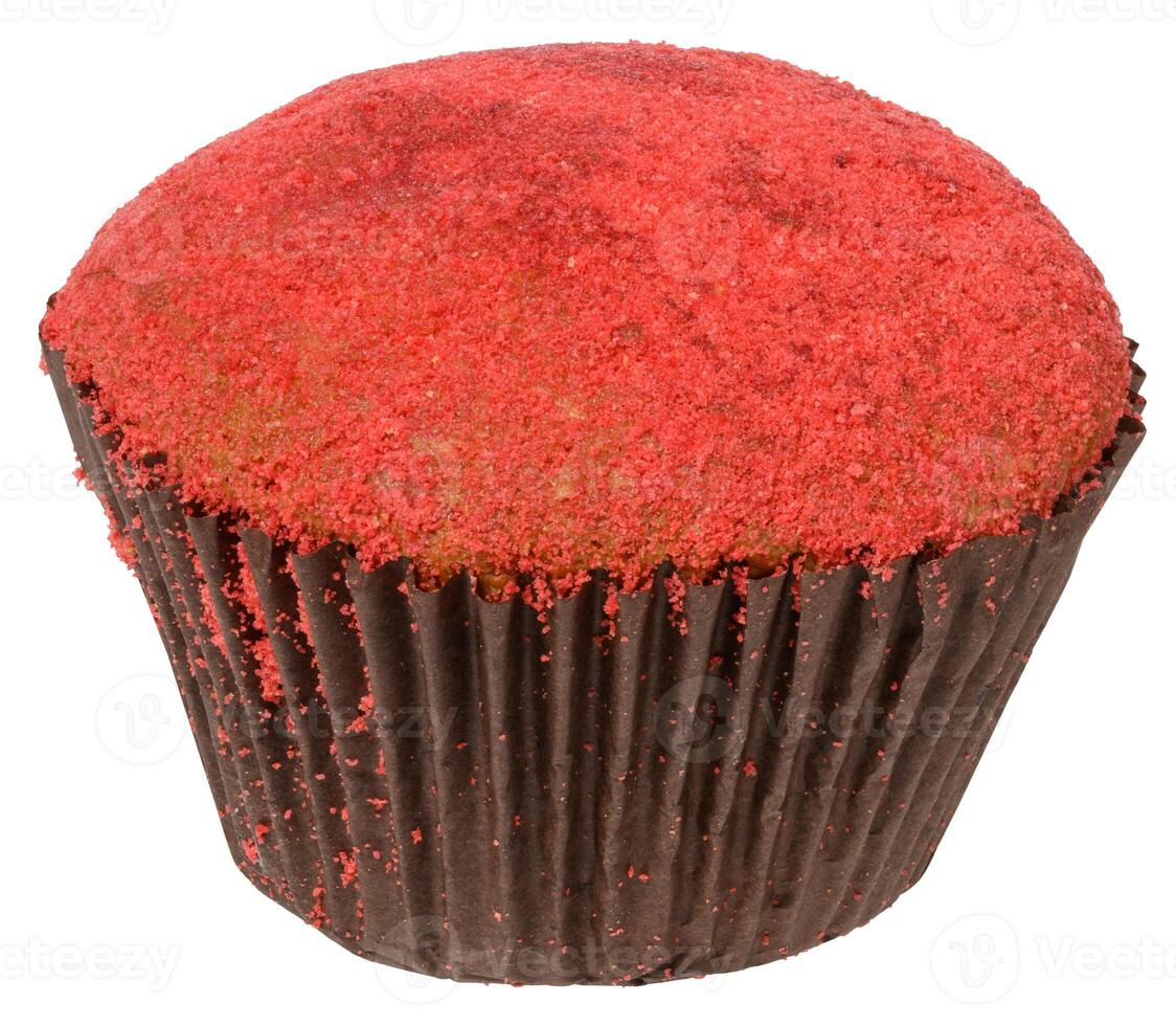 A single red velvet cupcake with red crumbs on top, baked in a dark brown paper liner, isolated background photo