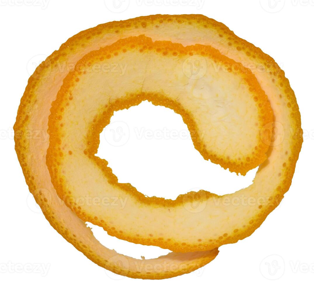 Twisted strip of orange peel on isolated background photo