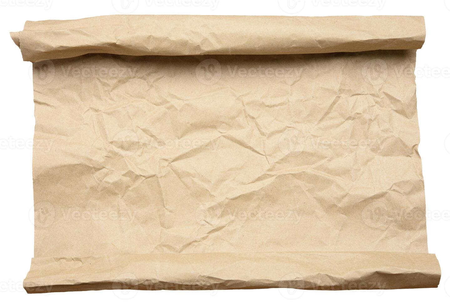 Crumpled sheet of brown kraft paper rolled into a roll at the top and bottom photo