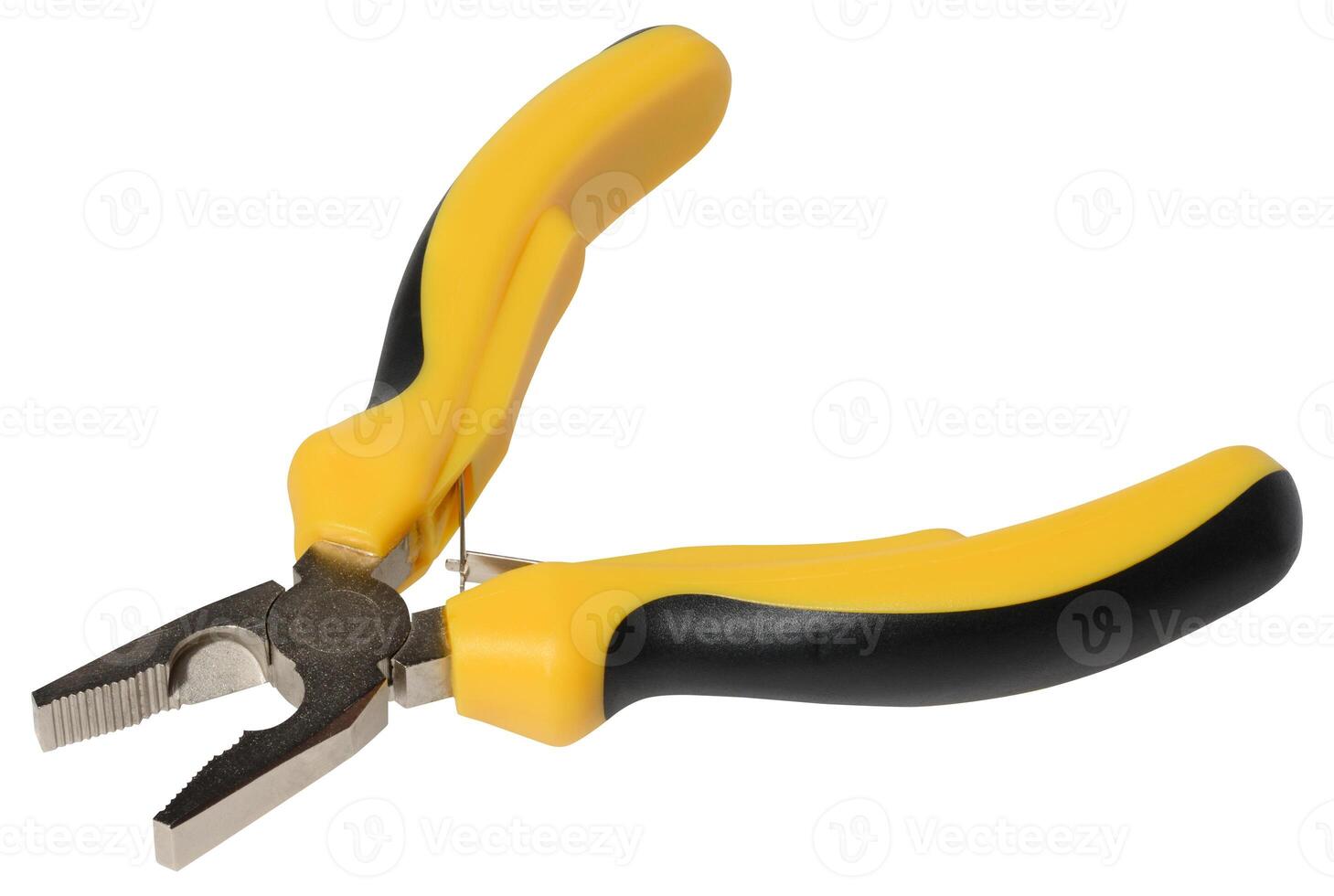 Pair of yellow and black long nose pliers, an essential hand tool, isolated background photo