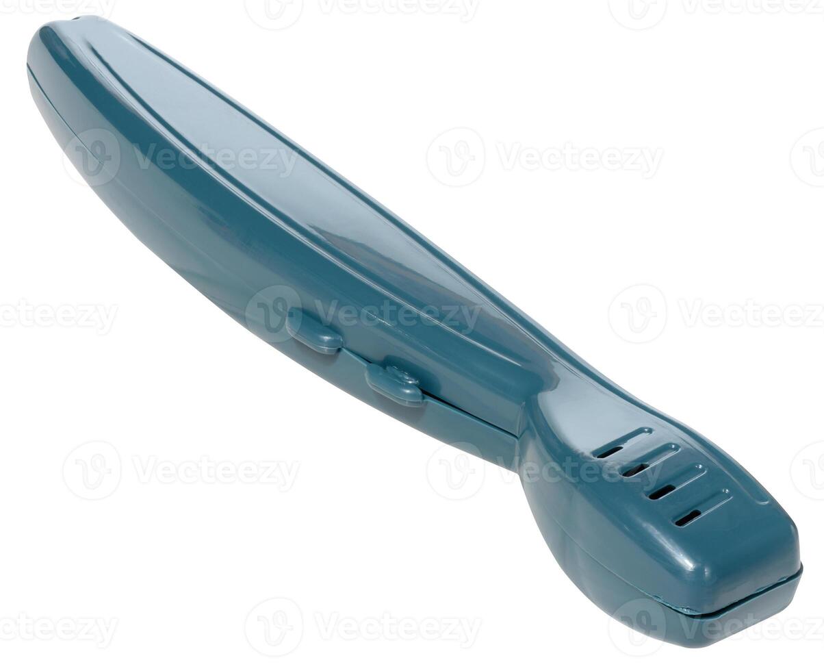 A sleek, teal colored plastic case for a toothbrush, featuring ventilation holes, isolated backgroun photo