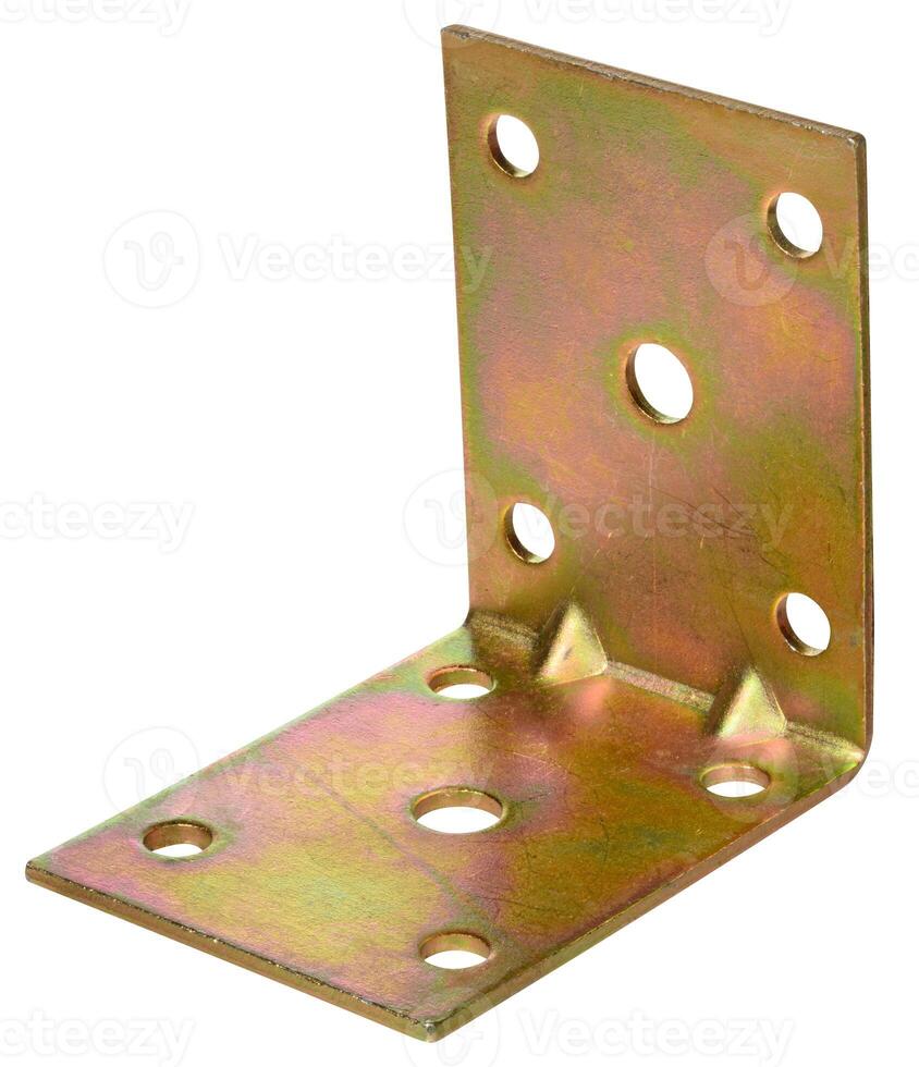 A shiny, golden colored metal corner bracket or angle brace with multiple screw holes, used for structural support. photo