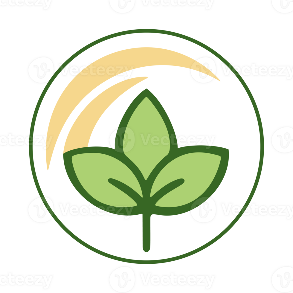 Minimal green leaf and sun arc logo symbolizing eco friendly and organic concepts png