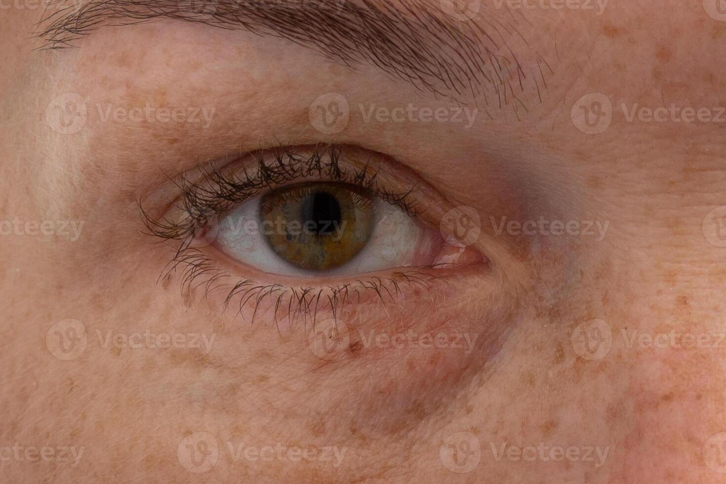 Close up of cropped middle aged caucasian woman's eye showing dark circle and skin texture photo
