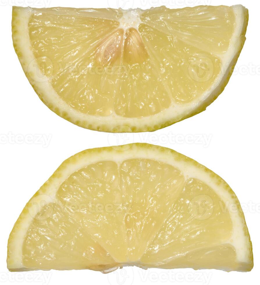 Two fresh lemon slices, cut into semicircles, isolated background photo
