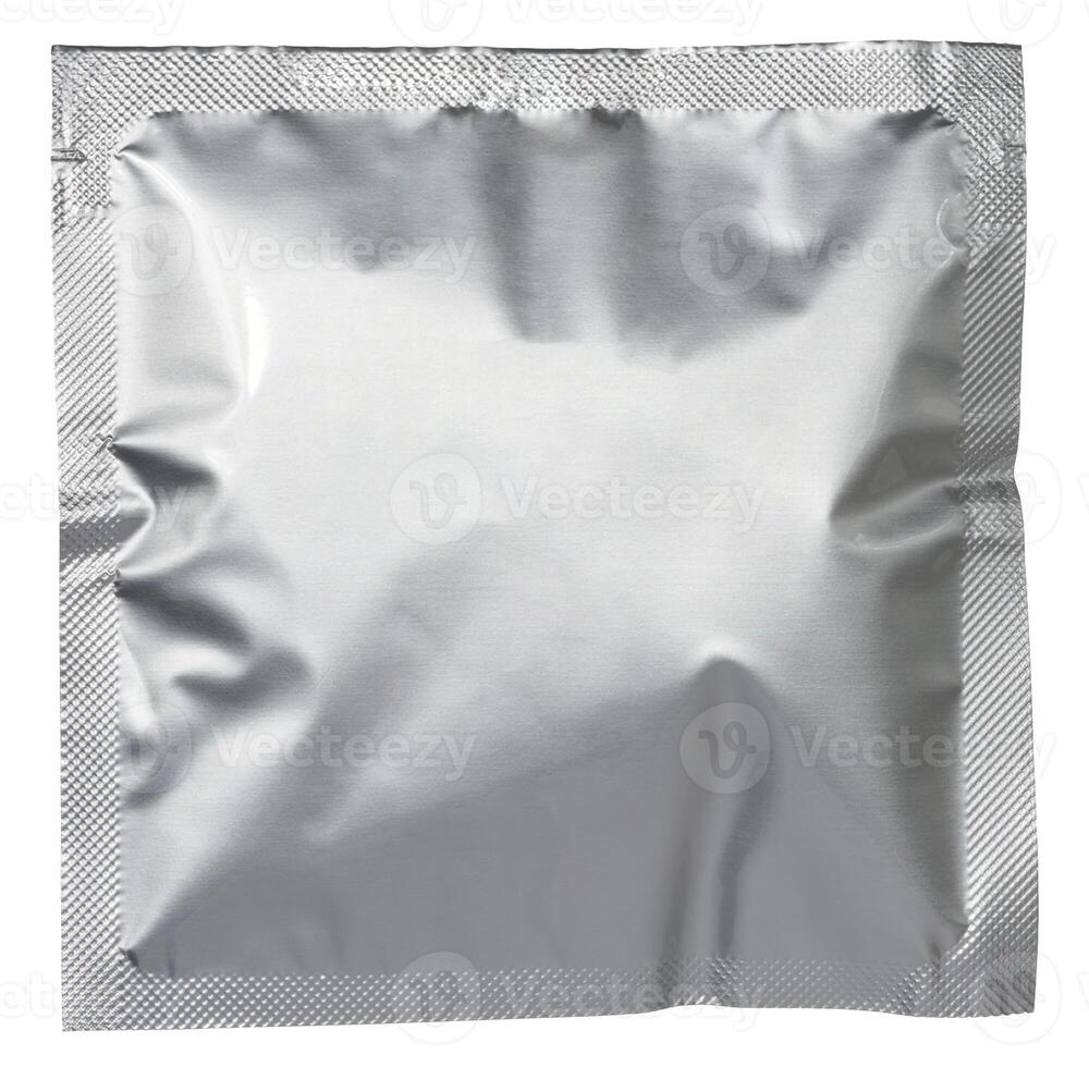 A blank, square, silver foil sachet or pouch, isolated background, suitable for product packaging mockups photo